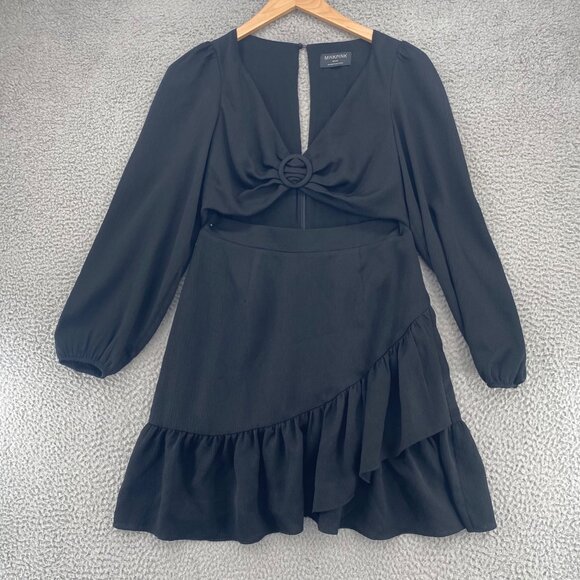 MINKPINK Dresses & Skirts - MINKPINK Dress Women Medium Black Mini Cutout Front V Neck Ruffle Balloon Sleeve
